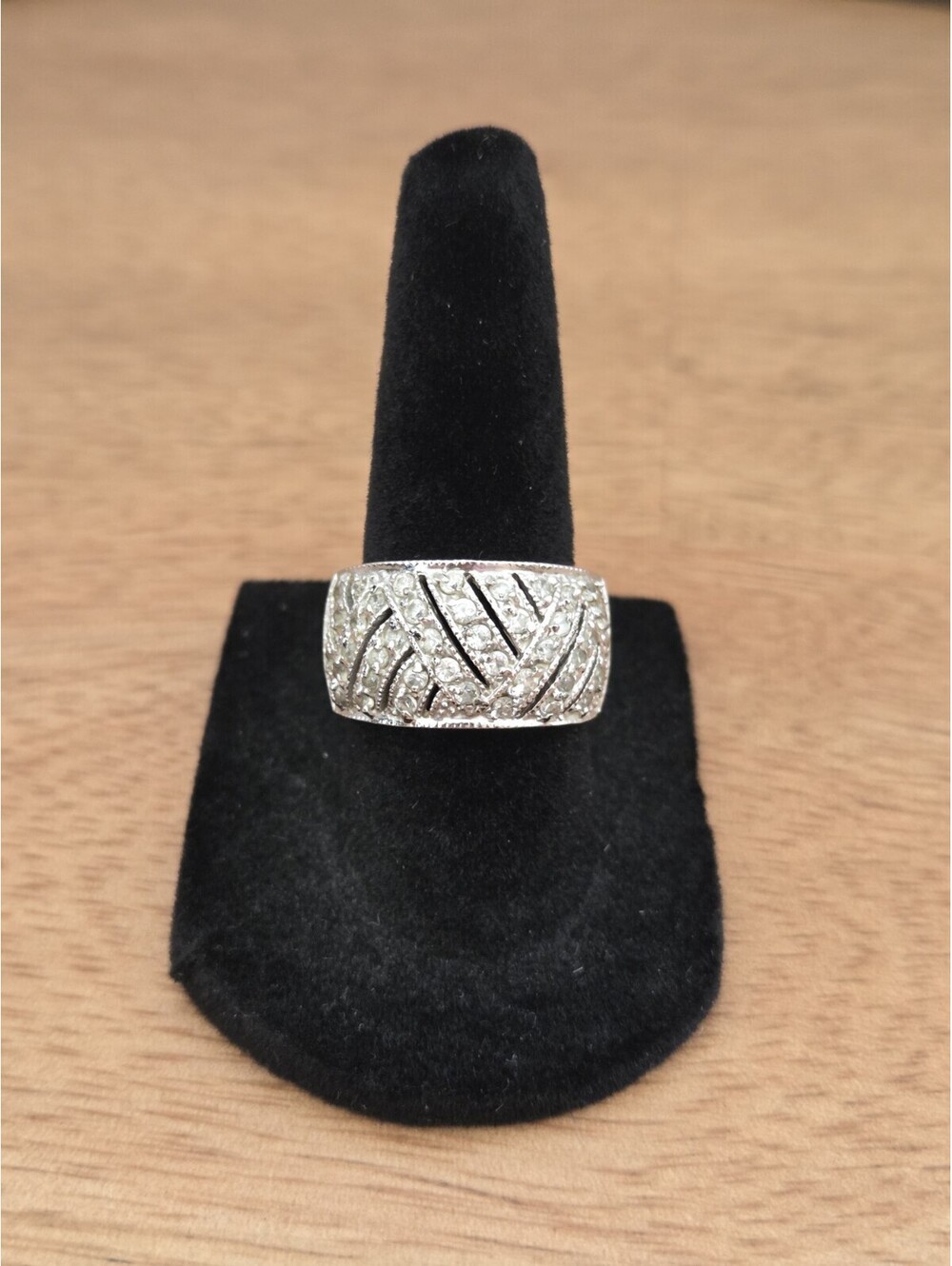 Silver Tone Wide Pave Rhinestone Band Ring Criss Cross Statement Size 7